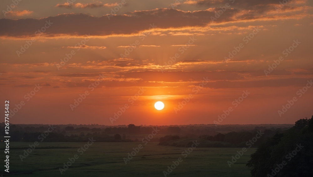 Sunset over a rural landscape with clouds and vibrant colors in the sky highlighting the horizon and expansive fields, Copy Space Sunset over a rural landscape with clouds and vibrant colors in the sky highlighting the horizon and expansive fields, Copy Space