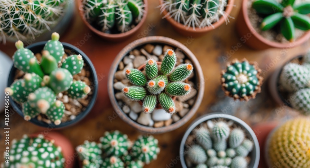 Top view of various potted cacti in different shapes and sizes on a rustic surface with copy space for text Top view of various potted cacti in different shapes and sizes on a rustic surface with copy space for text