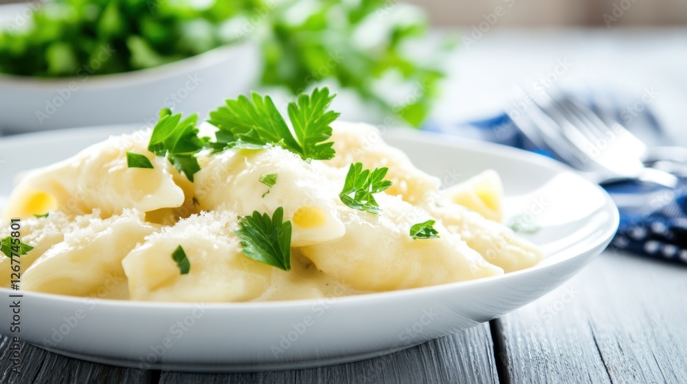 Delicious Creamy Italian Pasta Dish with Fresh Parsley and White Sauce - Gourmet Comfort Food with Natural Lighting