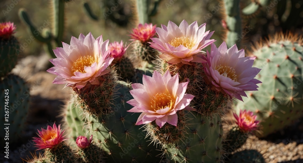 Cacti with pink and white flowers in natural setting beautiful desert landscape with sharp spines and soft petals Copy Space Cacti with pink and white flowers in natural setting beautiful desert landscape with sharp spines and soft petals Copy Space