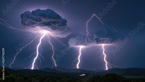 Dramatic lightning strikes illuminate dark storm clouds over a mountainous landscape during a thunderstorm Copy Space photo