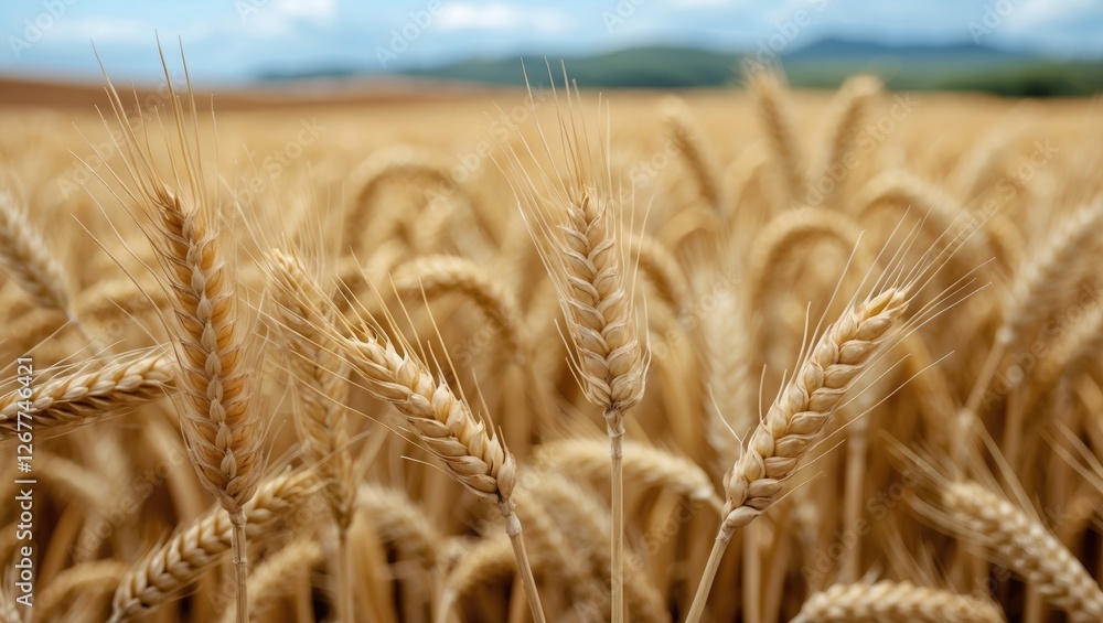 Golden wheat field close-up with ripe ears of wheat under blue sky and blurred landscape in background. Copy Space Golden wheat field close-up with ripe ears of wheat under blue sky and blurred landscape in background. Copy Space