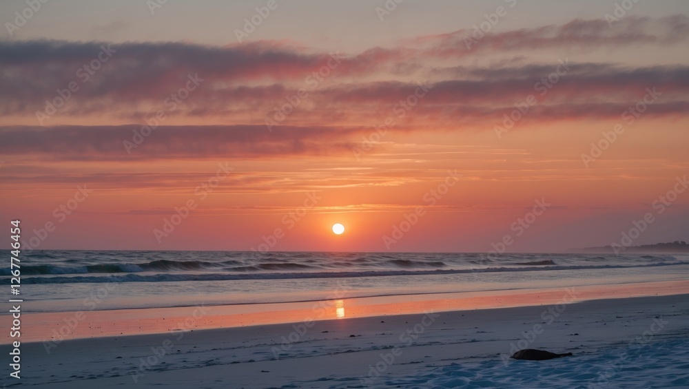 Sunset over a calm beach with waves lapping at the shore and colorful clouds reflecting the evening light Copy Space Sunset over a calm beach with waves lapping at the shore and colorful clouds reflecting the evening light Copy Space