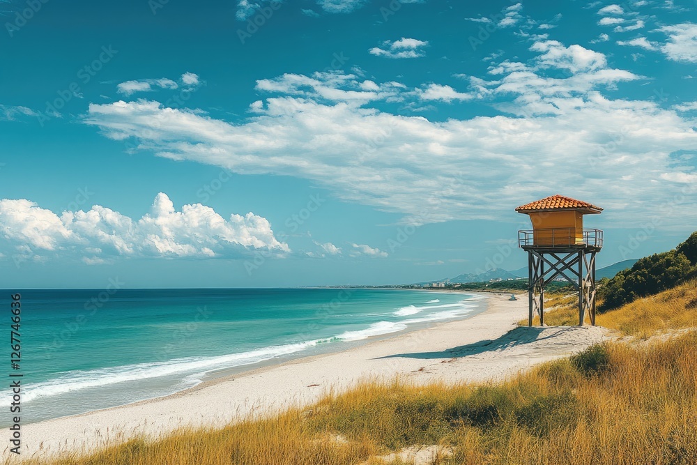 Baywatch tower overlooking sunny tropical beach with turquoise water and white sand Baywatch tower overlooking sunny tropical beach with turquoise water and white sand