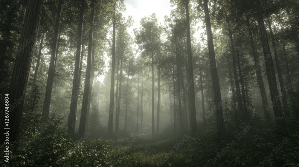 Naklejka premium Misty Redwood Forest Path, Nature Background