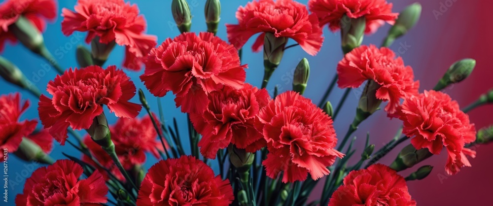 Bright red carnation flowers arranged in a bouquet against a colorful gradient background with green buds and foliage Copy Space Bright red carnation flowers arranged in a bouquet against a colorful gradient background with green buds and foliage Copy Space