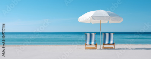 Two striped beach chairs (deck chairs) with blue and white stripes positioned on a sandy beach under a large white beach umbrella. The chairs are facing the ocean,  turquoise blue.