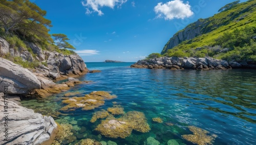 Coastal landscape with clear turquoise water, rocky shores, and lush greenery under a bright blue sky, ideal for nature themes and Copy Space.