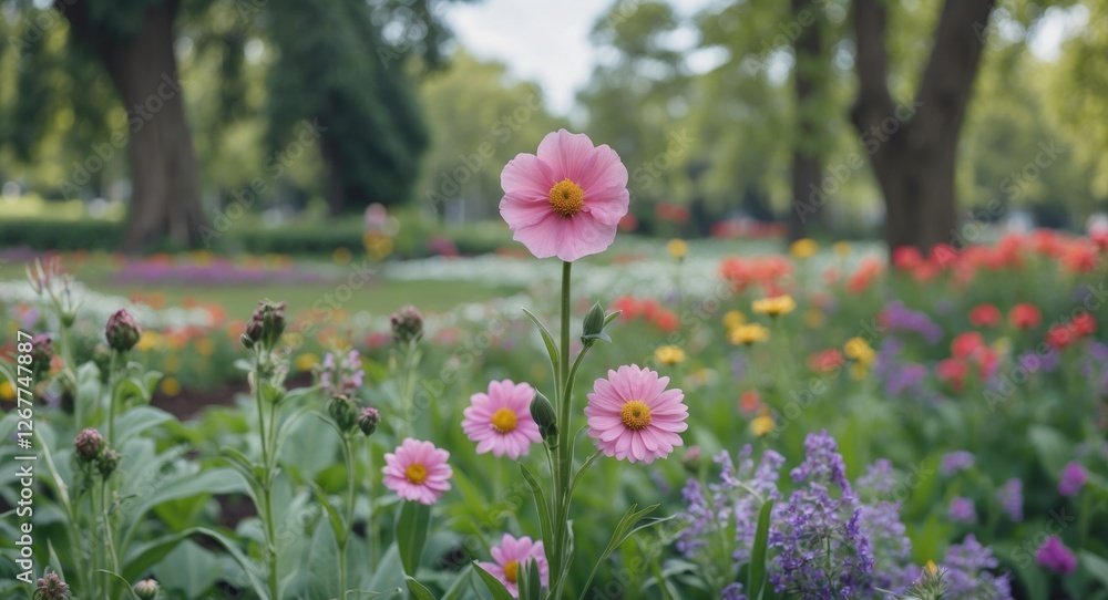 Pink flowers in a botanical garden with colorful blooms and green foliage in the background showcasing vibrant springtime colors Copy Space Pink flowers in a botanical garden with colorful blooms and green foliage in the background showcasing vibrant springtime colors Copy Space