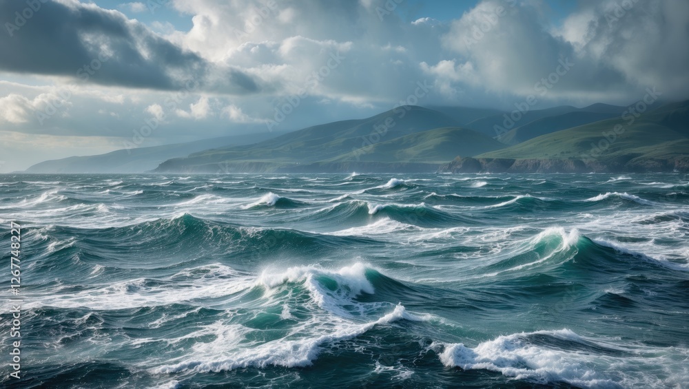 Fototapeta premium Waves crashing on ocean surface with mountainous shoreline under cloudy sky capturing dynamic seascape Copy Space