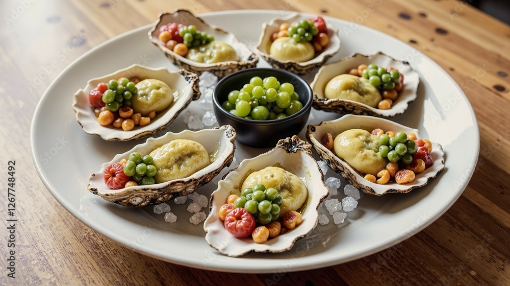 A plate of oysters with a green leaf on top. The plate is on a wooden table A plate of oysters with a green leaf on top. The plate is on a wooden table