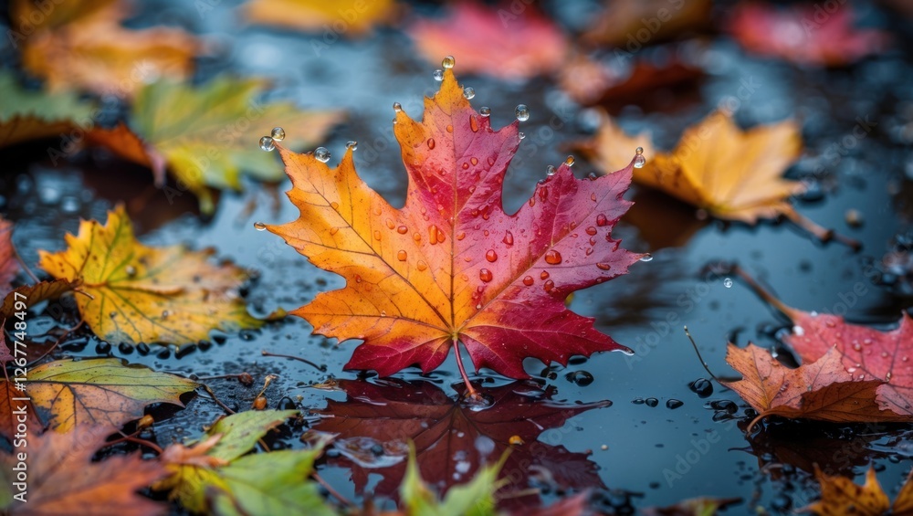 Colorful autumn leaves in shallow water with droplets on a vibrant background featuring shades of red, orange, and yellow. Copy Space Colorful autumn leaves in shallow water with droplets on a vibrant background featuring shades of red, orange, and yellow. Copy Space