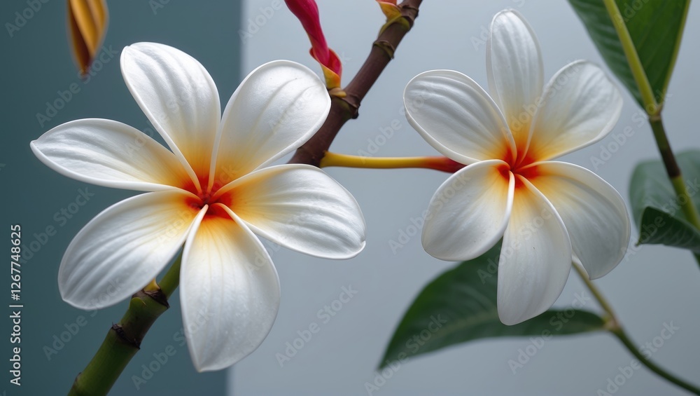 Fototapeta premium Close-up of two white plumeria flowers with orange and yellow accents, green leaves in the background, with copy space for text.