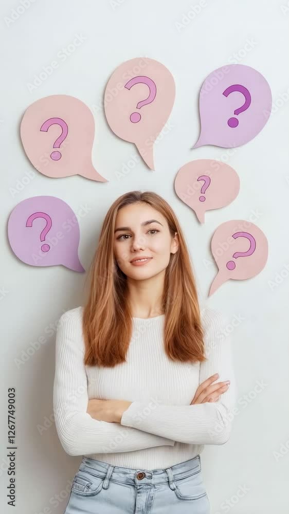 Young woman stands against a white background with arms crossed, contemplating questions inside colorful speech bubbles above her head, in a slow motion sequence Young woman stands against a white background with arms crossed, contemplating questions inside colorful speech bubbles above her head, in a slow motion sequence