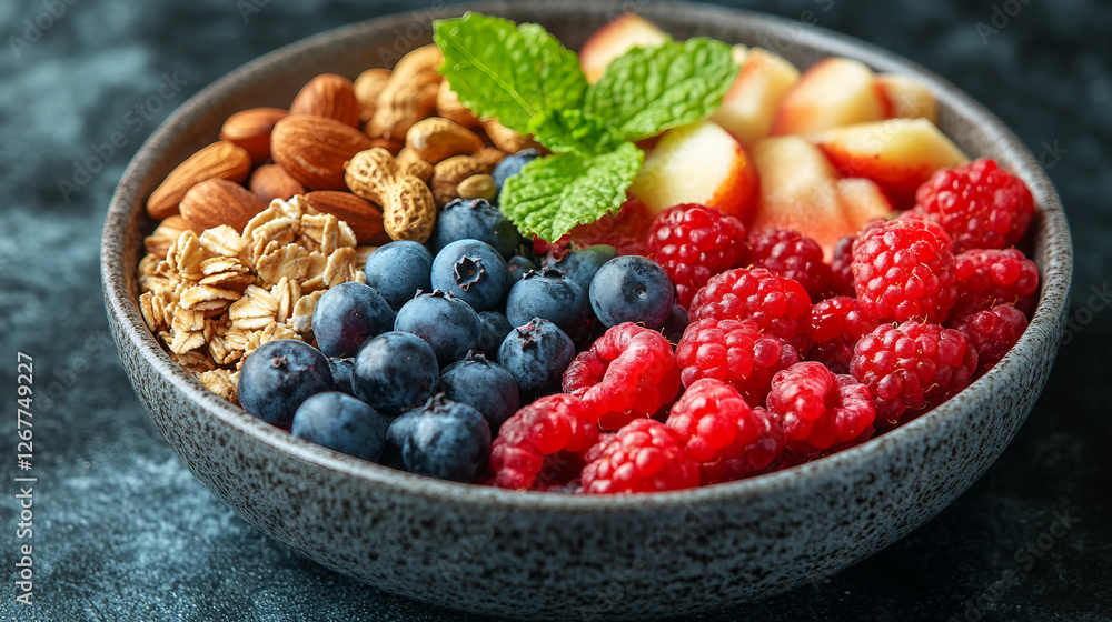 Photo, Nutritious Snack Platter: Fruits, Nuts, Berries, and Granola Photo, Nutritious Snack Platter: Fruits, Nuts, Berries, and Granola