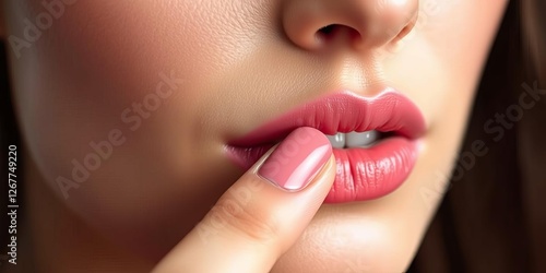 Close up of soft pink lipstick perfectly applied with clear skin texture, glossy lip gloss touched by finger, beauty, touch, close up