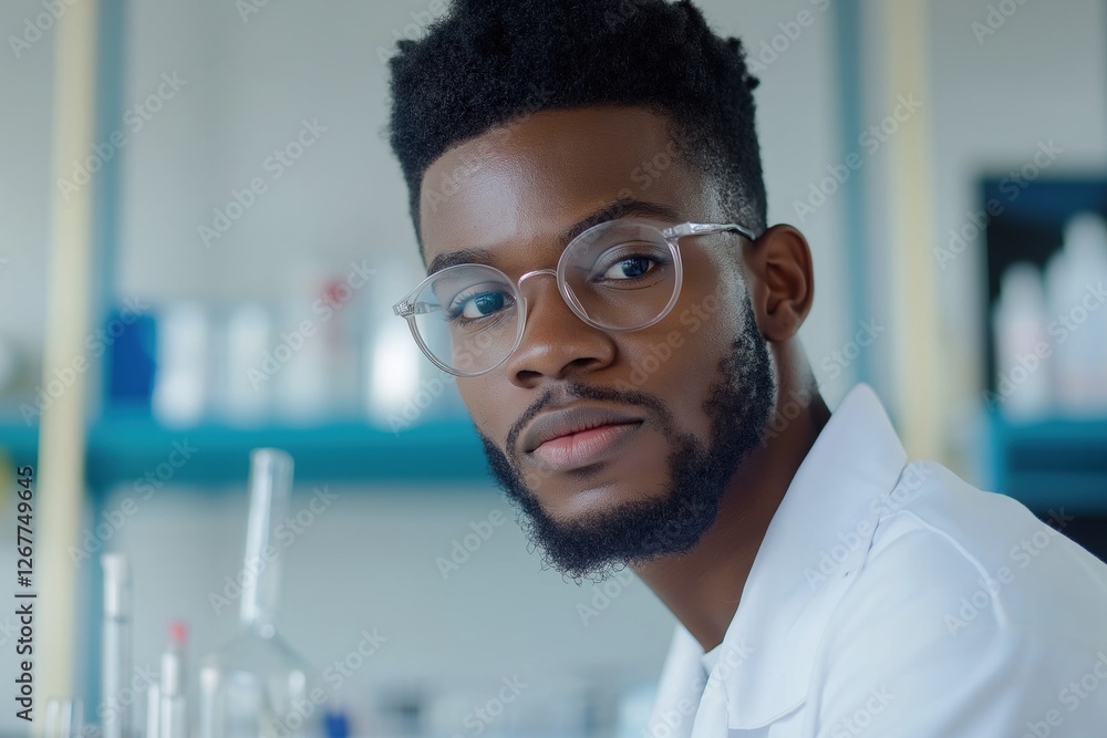 A man with glasses and a beard is standing in front of a shelf of bottles. He is wearing a white lab coat and he is a scientist A man with glasses and a beard is standing in front of a shelf of bottles. He is wearing a white lab coat and he is a scientist
