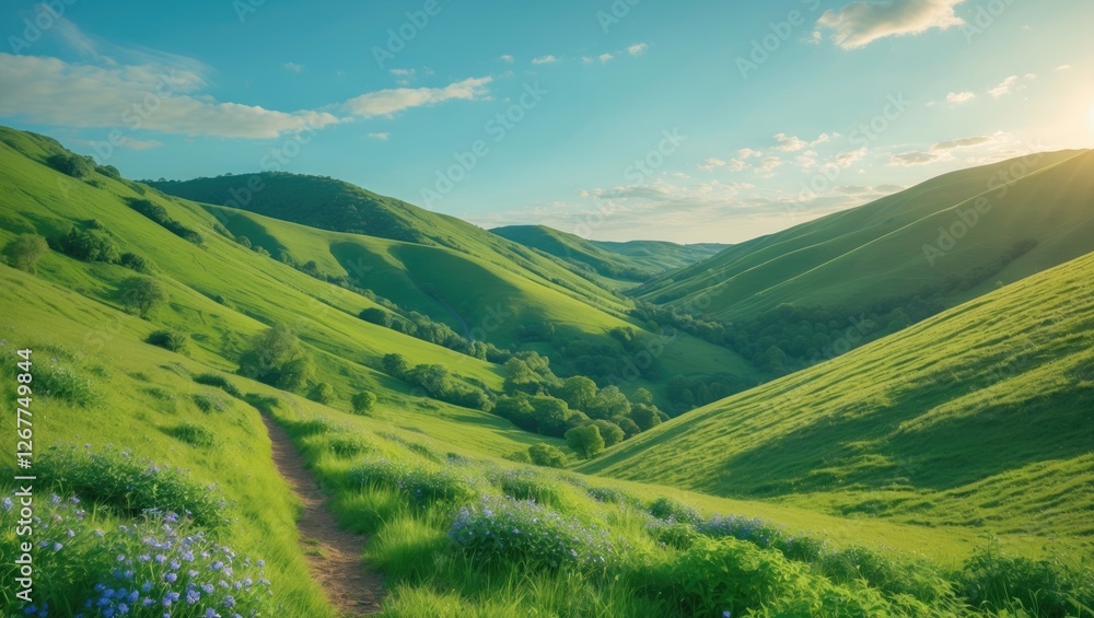 Obraz premium Lush green hills and valley landscape with a winding path during daylight natural scenery Copy Space