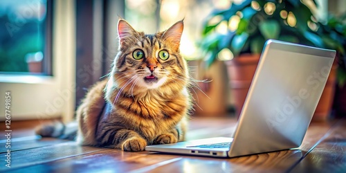 A surprised cat laptop monitor, with a deep focus.
