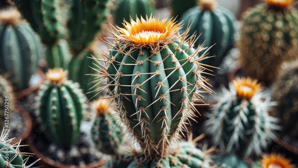 Cacti with bright yellow flowers against a blurred background in a garden setting Copy Space Cacti with bright yellow flowers against a blurred background in a garden setting Copy Space