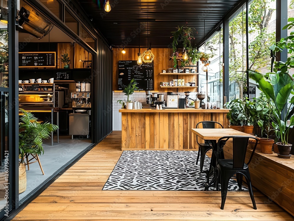 Artistic bohemian twostory container cafe with wooden floors, colorful textiles, and eclectic decorations Artistic bohemian twostory container cafe with wooden floors, colorful textiles, and eclectic decorations
