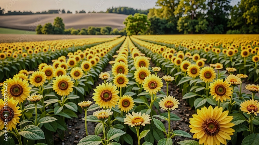 Obraz premium A field of yellow sunflowers with a clear blue sky in the background. The sunflowers are in full bloom and the sky is bright and sunny