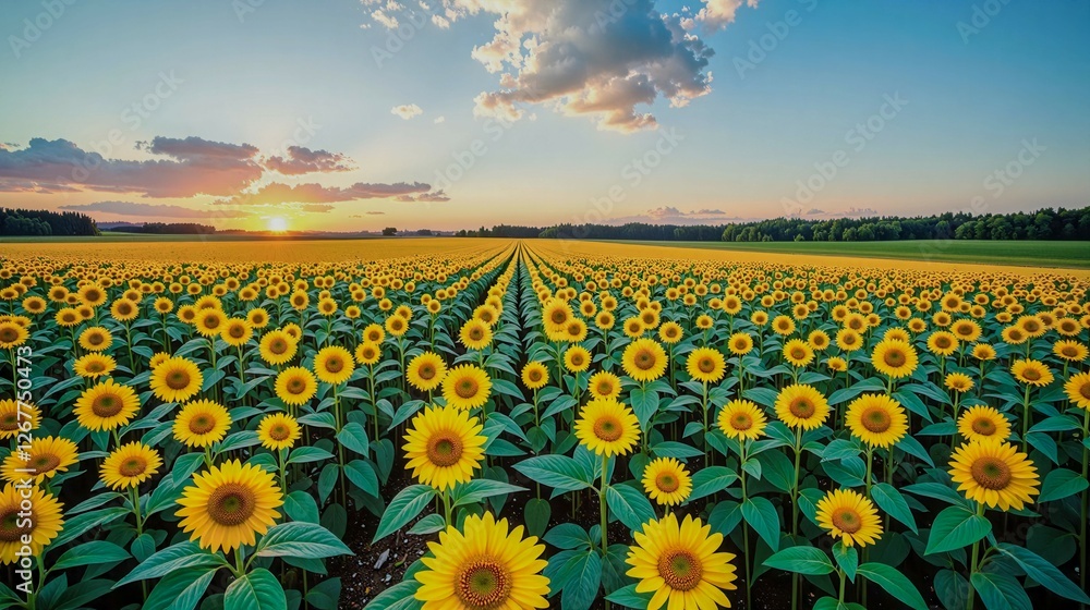 Obraz premium A field of yellow sunflowers with a clear blue sky in the background. The sunflowers are in full bloom and the sky is bright and sunny