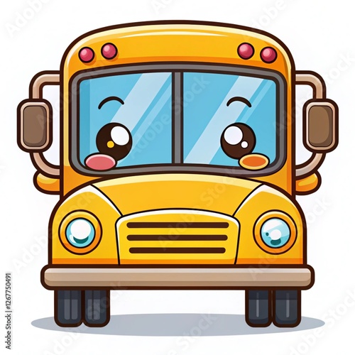 Cute cartoon school bus, front view, happy face, white background, children's book illustration