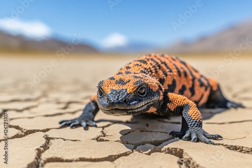 Gila monster crawling on cracked desert soil under blue sky photo