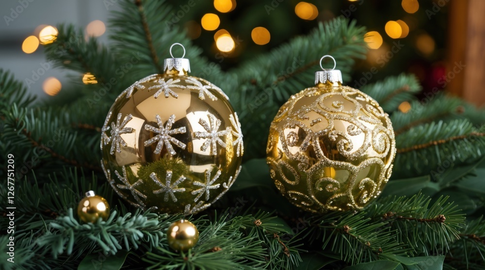 Gold Christmas ornaments on evergreen branches with blurred lights in background, decorated holiday scene, festive atmosphere, Copy Space Gold Christmas ornaments on evergreen branches with blurred lights in background, decorated holiday scene, festive atmosphere, Copy Space