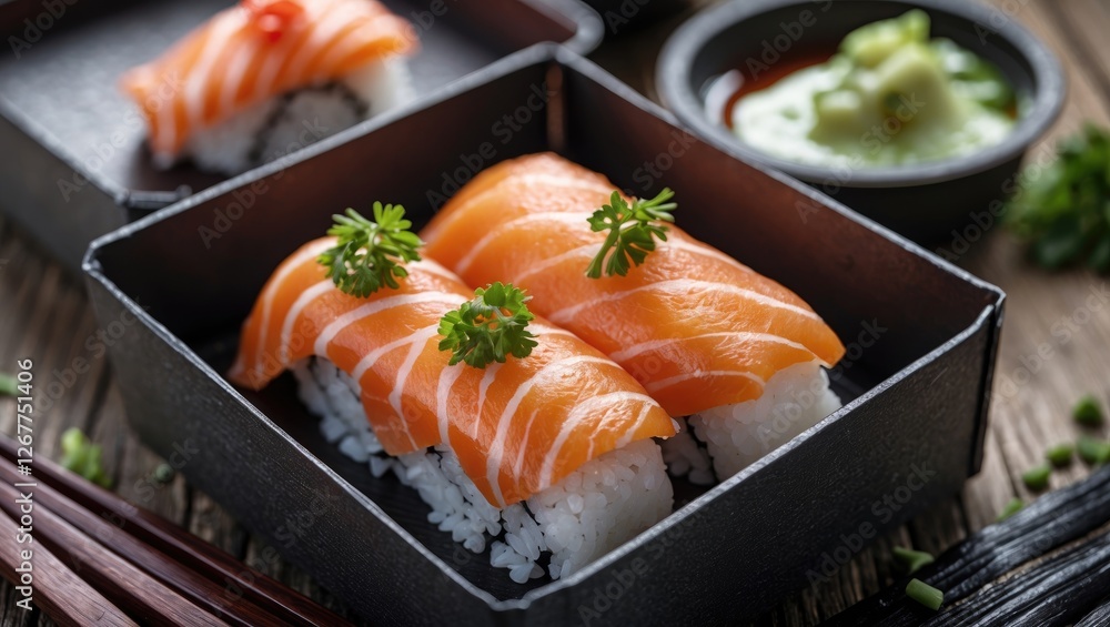 Salmon sushi rolls presented in black boxes with wasabi and soy sauce on a wooden table in a restaurant setting Copy Space Salmon sushi rolls presented in black boxes with wasabi and soy sauce on a wooden table in a restaurant setting Copy Space