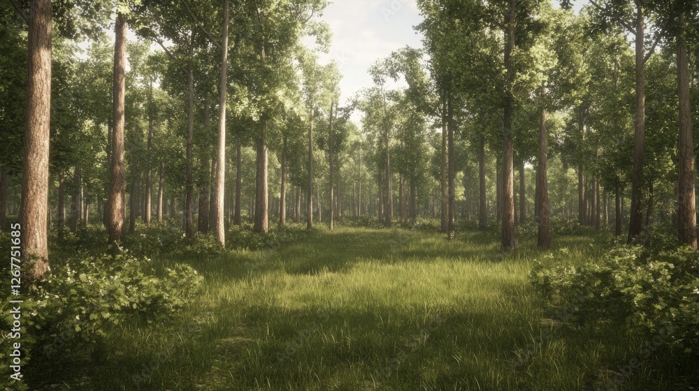 Sunlit forest path, green grass, trees, nature background, scenic wallpaper Sunlit forest path, green grass, trees, nature background, scenic wallpaper