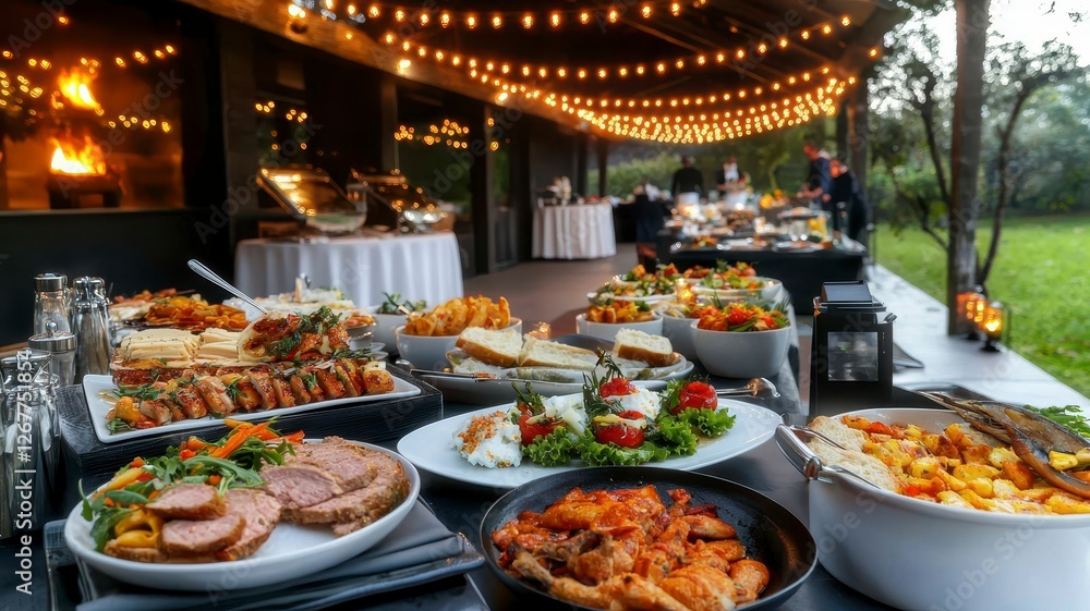 Fototapeta premium catering banquet professional concept. A beautifully arranged buffet featuring various dishes under string lights, creating a warm and inviting outdoor dining atmosphere.