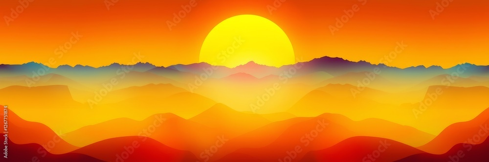 Obraz premium Sunset landscape illustration with a warm atmosphere representing tranquility against rolling mountains