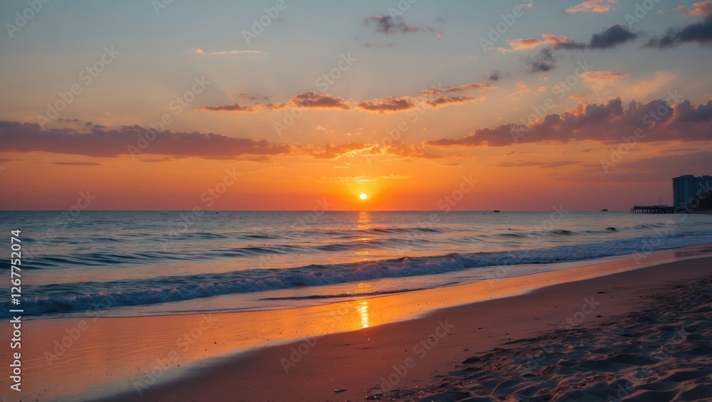 Sunset over calm beach with gentle waves and soft clouds in the sky creating a colorful horizon during dusk Copy Space