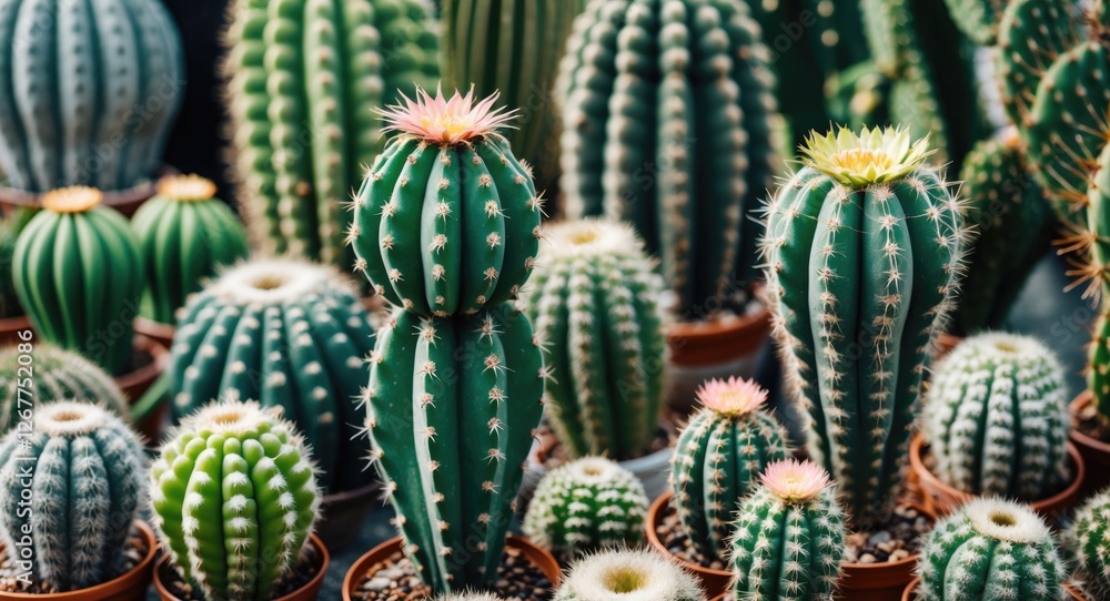 Colorful variety of cacti in pots with blooming flowers and spines in a natural setting with Copy Space Colorful variety of cacti in pots with blooming flowers and spines in a natural setting with Copy Space