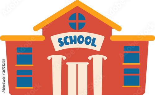 Red school building with columns welcoming students for learning, featuring a pitched roof, multiple windows, and a prominent SCHOOL sign, symbolizing education, knowledge, and academic pursuits