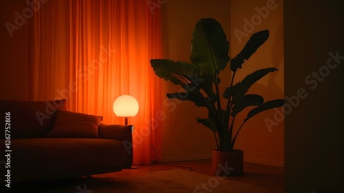 Cozy interior with sunrise light lamp