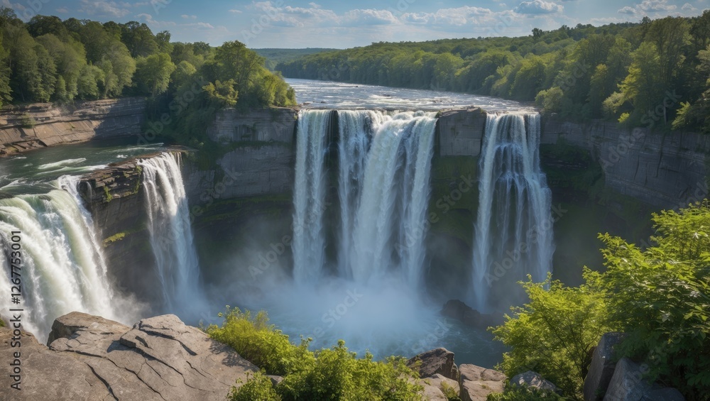 Fototapeta premium Large waterfall cascading into a river surrounded by lush greenery under a bright blue sky with soft clouds Copy Space