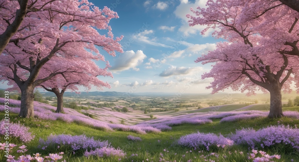Blossoming pink cherry trees with vibrant flowers in a tranquil landscape under a clear blue sky Copy Space Blossoming pink cherry trees with vibrant flowers in a tranquil landscape under a clear blue sky Copy Space