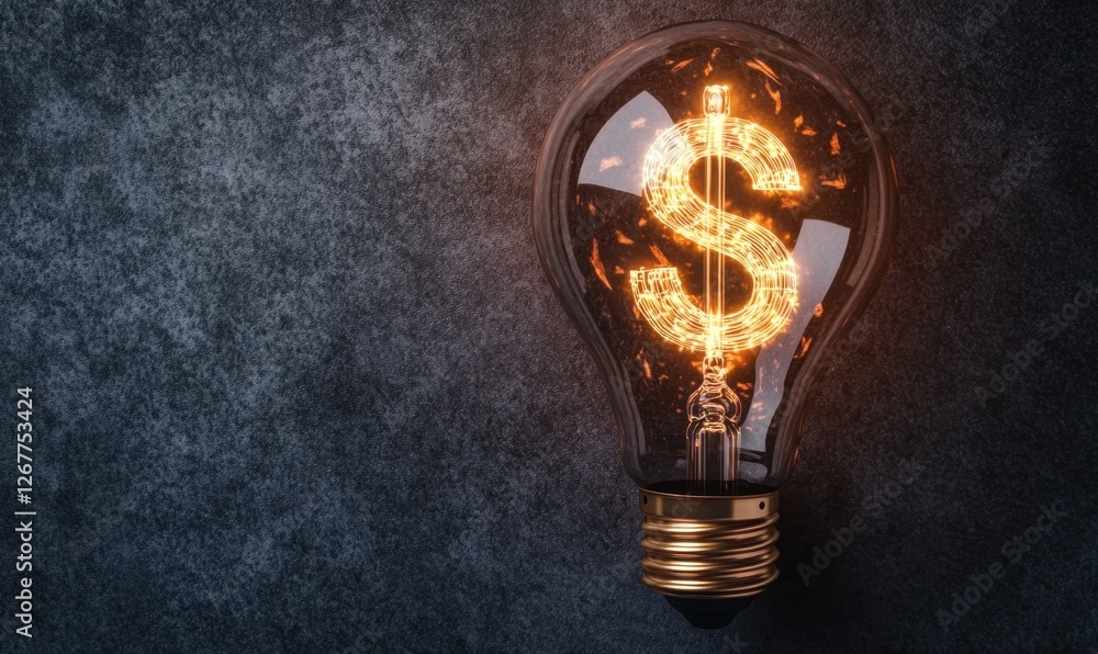 Illuminated light bulb with a glowing dollar sign, set against a textured dark background, symbolizing wealth Illuminated light bulb with a glowing dollar sign, set against a textured dark background, symbolizing wealth