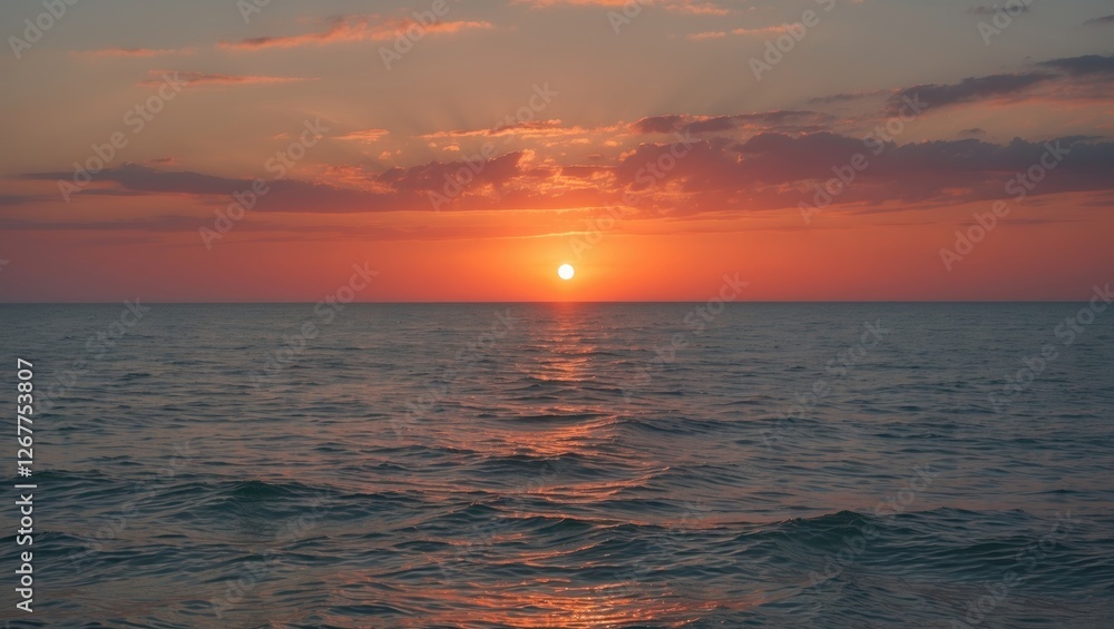 Obraz premium Sunset over calm ocean waters with colorful sky reflections and gentle waves Copy Space