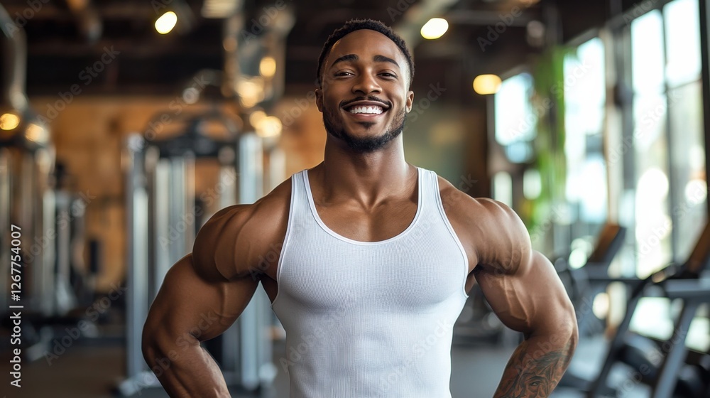 A smiling man in a vibrant workout outfit stands confidently in a brightly lit gym, surrounded by modern fitness equipment A smiling man in a vibrant workout outfit stands confidently in a brightly lit gym, surrounded by modern fitness equipment