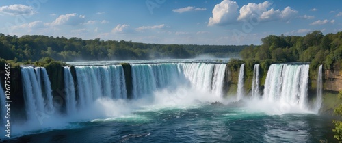 Niagara Falls panoramic view with lush greenery and clouds in blue sky showcasing waterfalls and mist against a serene landscape Copy Space