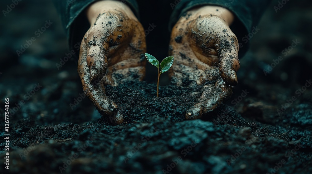 Hands planting small seedling in dark soil, nature background Hands planting small seedling in dark soil, nature background
