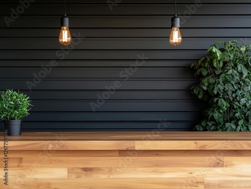 Industrialmodern twostory container bar with wooden countertops, warm lighting, and metal framework photo