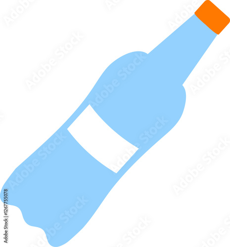 Minimalist vector illustration of a light blue plastic bottle with orange cap and blank white label lying down diagonally over a white background