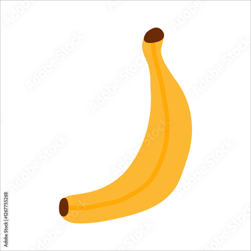 Cute yellow banana doodle style. Flat simple fruit for card, print, banner, poster, template. Cartoon illustration for children. Hand drawn illustration isolated on white background.
