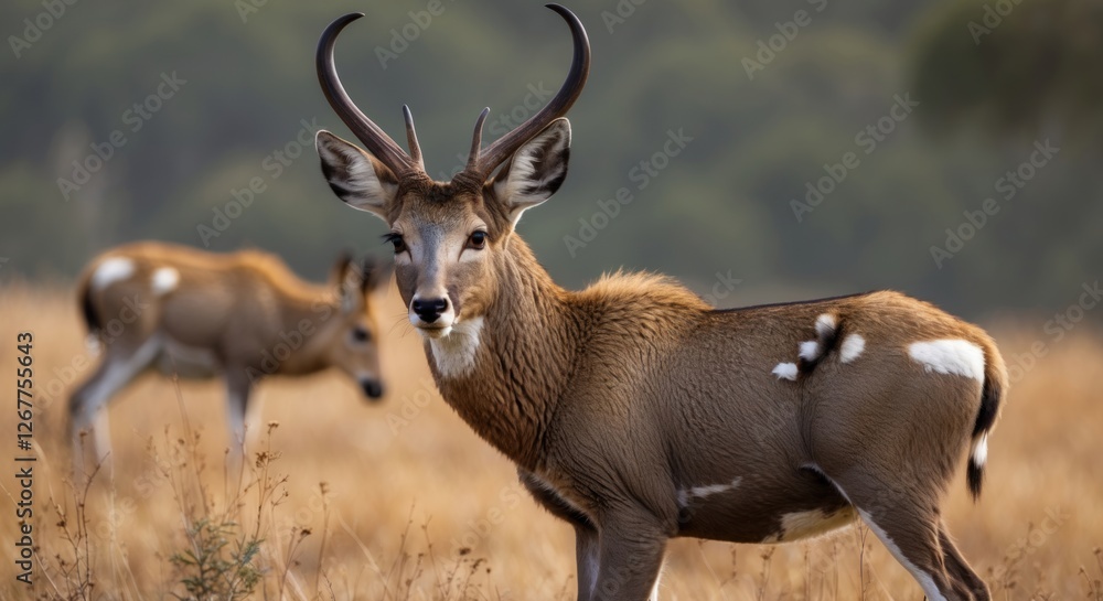 Wild male deer with antlers standing in a field with blurred background of another deer, nature scene, shallow depth of field, Copy Space Wild male deer with antlers standing in a field with blurred background of another deer, nature scene, shallow depth of field, Copy Space