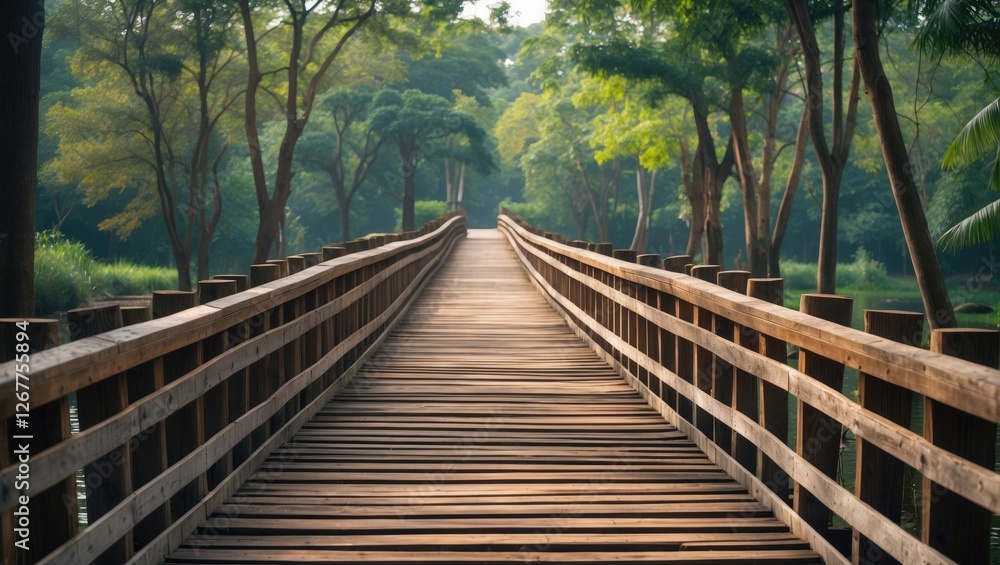Wooden bridge leading through lush green trees in a tranquil natural setting with soft sunlight and clear pathway Copy Space Wooden bridge leading through lush green trees in a tranquil natural setting with soft sunlight and clear pathway Copy Space
